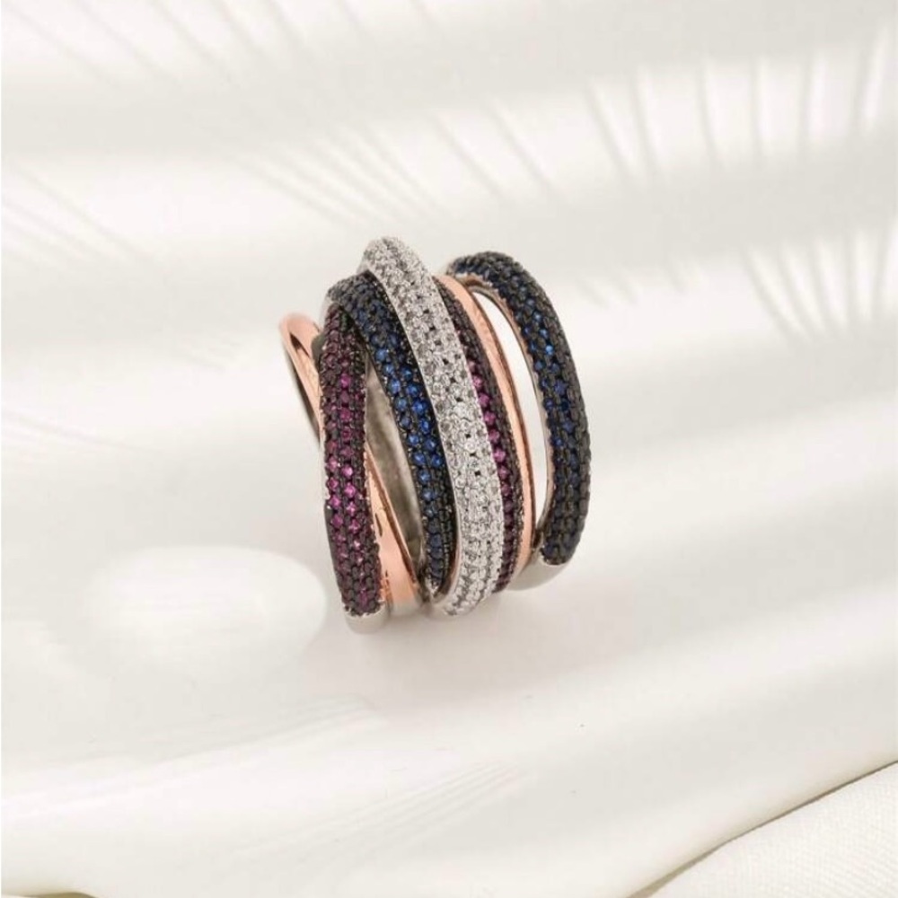 Multi-Row 18 KGP Rose Gold Ring with Blue Purple and White Stones